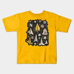 Reaching for the stars // illo // black background ivory grey brown and yellow origami paper asteroids stars and space ships traveling light speed Kids T-Shirt